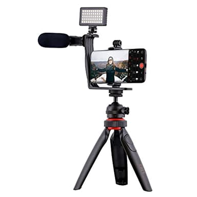 T’NB Influence Kit Vidéo pour Smartphone avec Trepied, Kit Vlogging, Lumière LED, Microphone avec Bonnette, 3 Filtres de Couleur, Télécommande sans Fil, Compatible Android/iPhone - Noir