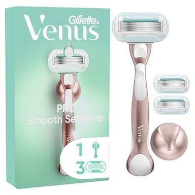 Gillette Venus Rasoir Pour Femmes Pro Smooth Sensitive Pour Peaux Sensibles, Manche Réutilisable Et 3 Cartouches De Recharge A 5 Lames, Bande Lubrifiante Avec Une Touche D’Aloe Vera, Rasage Doux