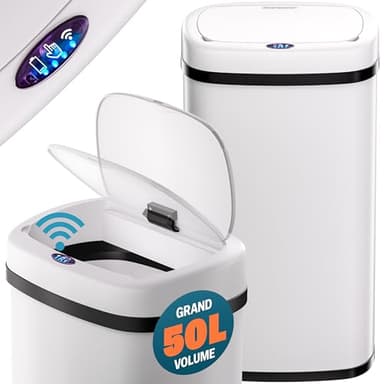 Monzana® Poubelle automatique 50L acier inoxydable capteur mouvement anneau couvercle câble USB affichage LED poubelle de cuisine bureau blanc