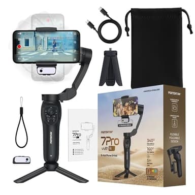 PORTENTUM Stabilisateur Smartphone avec Module IA de Suivi Autonome – Gimbal pour Smartphone à 3 Axes Pliable avec trépied – Compatible avec iPhone et Android – App optionnelle – Vlog Youtube TikTok