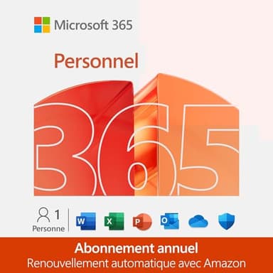 Microsoft 365 Personnel | 12 mois avec renouvellement automatique | 1 utilisateur |Word, Excel, PowerPoint | 1 To de Stockage Onedrive | PC/MAC/tablettes/smartphones | Abonnement Amazon