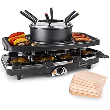 Klarstein Appareil a Raclette et Fondue 3-en-1, Machine a Raclette avec Pierrade de 1100W, Gril en Pierre, pour 8 Personnes, Poelon , Fourchettes à Fondue, Service