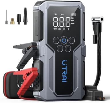 UTRAI Booster Batterie Voiture 5000A, Demarreur Batterie Voiture avec Gonfleur 150PSI (8.5L Gas/6.5L Diesel), Jump Starter avec Lumière LED, QC3.0, Démarrage Forcé, Grand Écran