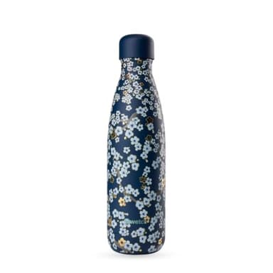 Qwetch - Bouteille Isotherme Originals Flowers Bleu Nuit 500ml - 24h Froid et 12h Chaud - Etanche & Réutilisable - Gourde inox isotherme pour Sport, Voyage, Bureau, Randonnée