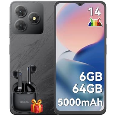 OSCAL Flat 2C Telephone Portable Android 14, 6Go+64Go/TF 2To, Écran 6.56" HD+ IPS, Octa Core, Batterie 5000mAh Smartphone Pas Cher, 13MP+8MP, Smartphone 4G Dual SIM/Face ID/GPS/2Ans De Garantie - Noir