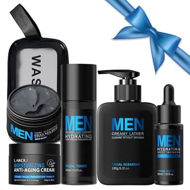 Coffret Soin Visage Homme 5 Pièces, Set de Soins Visage avec Nettoyant Lotion Tonique Sérum Masque à l’Argile Crème Trousse de Rangement, pour Hydratante Apaisant Anti-brillance