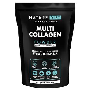 Nature Diet Multi Collagène en poudre sans saveur 400G, Peptides de collagène hydrolysés hautement biodisponibles de Type : I, II, III, V et X, contiens collagen marin
