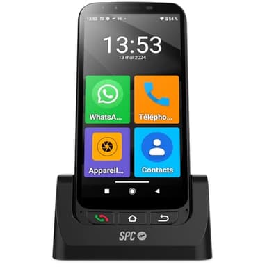 SPC ZEUS 4G Pro + Coque – Smartphone pour Seniors 4G, Mode Facile avec Grandes icônes, Bouton SOS, Configuration à Distance, Boutons physiques, 64Go de ROM, caméra 13MP, Android 11, Socle de Charge