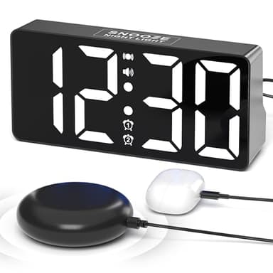 Réveil Bruyant avec Vibreur de Lit pour Les Gros Dormeurs, Les Sourds et Les Malentendants, Veilleuses, Réveil Numérique Grand écran avec Fonction de Charge, port USB, Luminosité 0-100%, 12/24H&DST