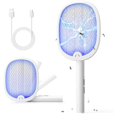 YISSVIC Raquette Electrique Insectes Raquette Anti Moustiques Pliable 4000V 1800mAh Tapette Électrique Puissante Rechargeable avec Câble Chargement USB-C Contre Moustiques Mouches Mites, Blanc