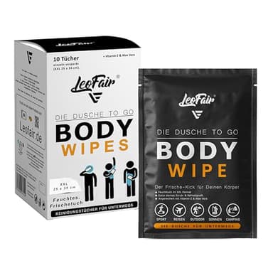 Leofair Lingettes pour le corps XXL - Lingettes humides pour les voyages, le camping, les festivals et en déplacement - 10 grandes lingettes humides emballées individuellement pour le visage et le