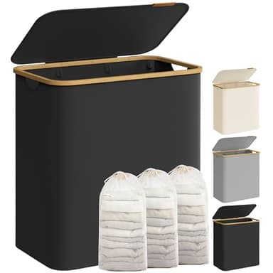 SONGMICS Panier à Linge avec Couvercle à 3 Compartiments, 150L, Sac Amovible, Tissu Oxford, Poignées en Bambou, Pliable, 60 x 38,5 x 70,5 cm, Noir d'Encre LCB515B01
