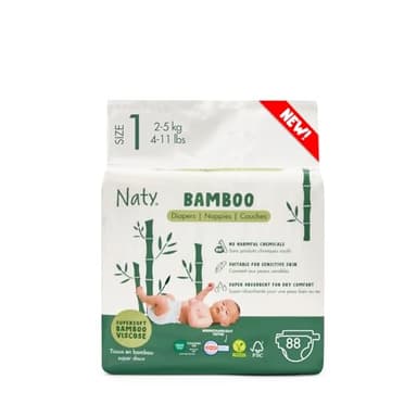 Naty Bamboo - Couches pour Bébé en fibres de viscose de bambou – Douceur soyeuse, Couches à base de plantes, Testées dermatologiquement pour peau sensible et super absorbantes (Taille 1, 88 unités)
