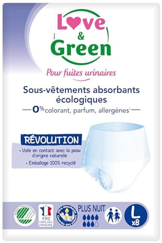 Love & Green Sous-vêtements absorbants adulte hypoallergéniques et écologiques Plus Nuit "Taille L" x8 - origine naturelle - ultra absorbant - sans colorants