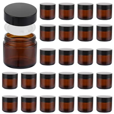 FWEEK Lot de 25 pots en verre ambré - 60 ml - Pot à pommade à remplir - Avec couvercles noirs et couvercles intérieurs - Pour cosmétiques, lotions, crèmes, mini bougies