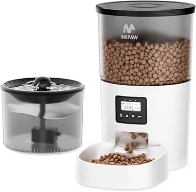 IMIPAW Distributeur Croquettes Automatique et d'eau pour Chat, Distributeur Croquettes Chats Sèche Programmable, 1-6 Repas par Jour, Fontaines pour Chat avec Filtre, Petits Animaux