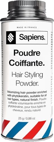 Sapiens Poudre Coiffante Homme 25g - Volume et Texture Instantanés - Effet Mat - Fabriquée en France - Poudre Texturisante Cheveux Invisible Sans Résidus - Formule Naturelle 100/100 Yuka