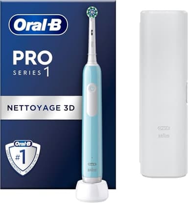 Oral-B Brosse A Dents Electrique Pro 1 Bleue Avec 3 Modes De Nettoyage 3D Dont Douceur, Brossage Avec Des Oscillo-Rotations Et Pulsations, Brossette De Rechange Rond Oral B, Chargeur, Etui