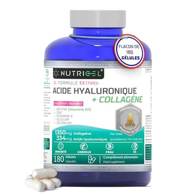 Collagene et acide hyaluronique: collagène hydrolysé + acide hyaluronique + biotine avec Zinc, Sélénium, vitamine C naturelle, extrait de bambou – complement alimentaire - 180 gélules – 3 mois