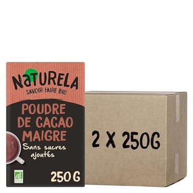 NATURELA - Poudre de Cacao Maigre Bio - Pur Cacao - Sans Sucres Ajoutés - 250 g - lot de 2 (total de 500 g)