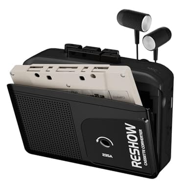 Reshow Lecteur de Cassettes Portable Microphone et Haut-Parleur Intégrés, Convertisseur USB Cassette-MP3, Enregistrement Inversé sur Bande, Magnétophone Blanc avec Casque