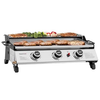 Royal Gourmet PD1303S – Plaque de cuisson à gaz portable de 61 cm avec plaque amovible pour barbecue au propane à 3 brûleurs, idéale pour la cuisine en plein air, comprend une grille chauffante et une