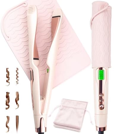 ANGENIL Pro Fer à lisser plat Twist pour femme, 2 en 1, lisseur et fer à boucler, rond rose, double tension, avec tapis en silicone résistant à la chaleur, chauffage rapide 20 s, écran LCD
