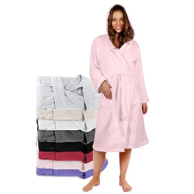 Twinzen Peignoir de Bain Femme - L - Rose - 100% Coton avec Capuche - Certifié OEKO-TEX® - Robe de Chambre Eponge 2 Poches, Ceinture - Doux, Absorbant et Confort