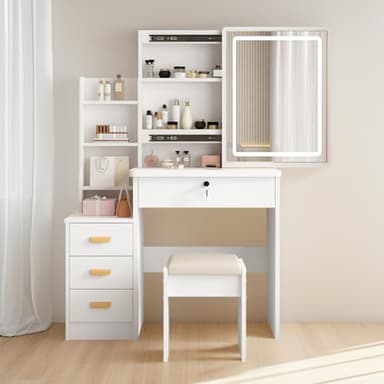 YuYe Coiffeuse avec éclairage LED, miroir à luminosité réglable, coiffeuse avec tabouret, coiffeuse avec 5 tiroirs et 3 étagères, moderne, en bois, couleur blanche (125)