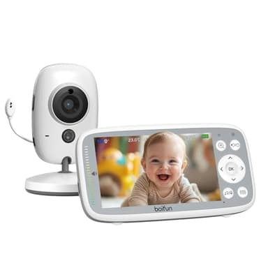 Boifun Babyphone Camera Bebe Surveillance sans WiFi, Vision Nocturne Infrarouge Invisible,4 Pouces, HD 720P, Interphone Bidirectionnel, Berceuses, Détecteur Température/Son, Zoom 3x, Rappel de Biberon