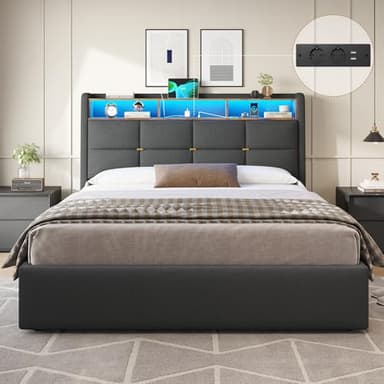 DICTAC Lit 160 x 200 avec Sommier à Lattes et Rangement Hydraulique,Lit Coffre 160x200 avec Lumières LED et Prise,lit Double en Lin avec Tete de Lits,Lits 2 Place Rembourré,Gris Foncé-sans Matelas
