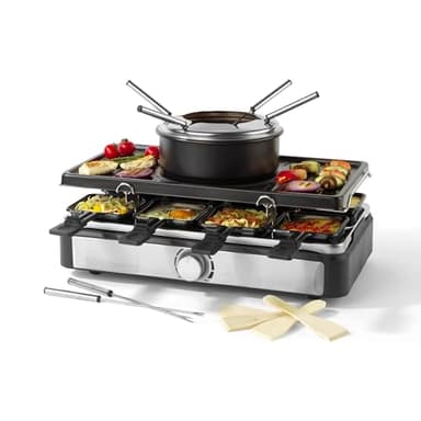 Petra PT4513VDE Appareil à raclette grill - revêtement antiadhésif, 6 à 8 personnes, avec 8 poêlons et 8 spatules, amovible Pot à fondue 1.3L Fonte parfaite du fromage avec 6 fourchette, 1400W