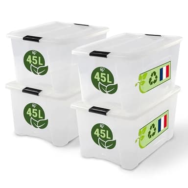 Iris Ohyama, Boite Rangement Plastique avec Couvercle, 45L, Lot de 4, Transparent, Clips de Fermeture, Poignée, Empilable, Organisation Solide et Durable, pour Chambre, Dressing, Bureau, BSB-45