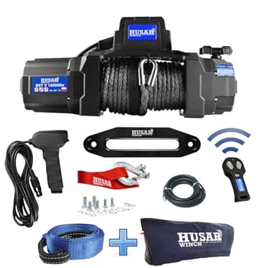 Husar Winch Treuil électrique 12000 lbs | 5443 kg 12V avec Corde Synthétique 26m x 10mm,Commande sans fil,Engrenage Planétaire à 3 étages,Idéal Pour,Véhicules Tout-Terrain,Véhicules 4x4,OFF-ROAD