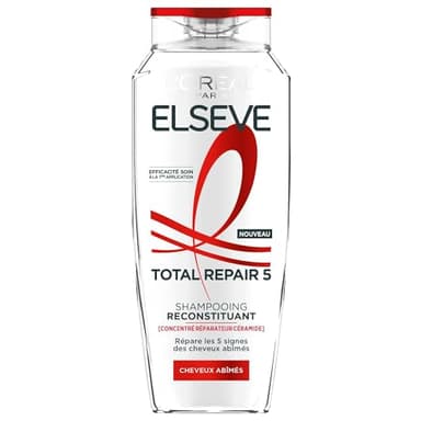 L’ORÉAL PARIS - Shampooing Reconstituant - Répare & Renforce la Fibre - Pour Tous Types de Cheveux Abîmés - Enrichi en Concentré Réparateur Céramides - Elseve Total Repair 5-400 ml