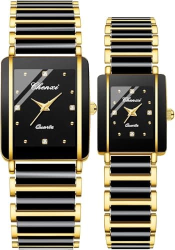 ALANTOP Lot de 2 montres à quartz carrées en céramique pour homme et femme - Style vintage - Étanche - Pour homme et femme, Doré/noir
