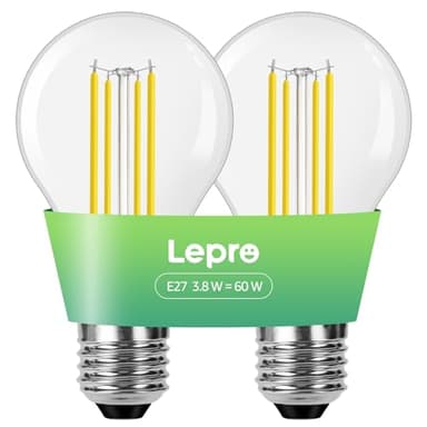 Lepro Ampoules LED E27 Haute Efficacité avec Classe Énergétique A, 806LM, 3.8 W Équivalent 60 W, Blanc Chaud 2700K, A60 Forme Balle de Golf, Angle de Faisceau 300 °, Non Dimmable, Lot de 2