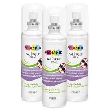 PEDIAKID - Balépou Spray - Répulsif aux huiles essentielles 100% pures & naturelles (Lavandin, Géraniol) - Repousse les poux tout en douceur - Sans paraben ni alcool - 3 flacons de 100ml