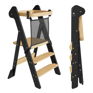 COSYLAND Tour d’Observation Enfant Pliable – If Award, Tour d’Apprentissage Réglable dès 1 an avec Filet de Sécurité, Assistant Cuisine Montessori Bébé (Black & Natural)