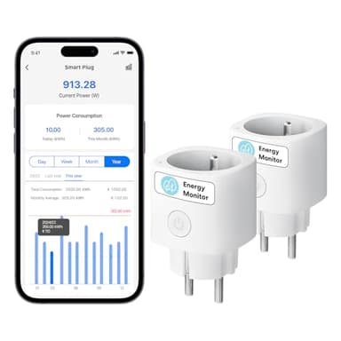 Meross Prise Connectée (Type E), Lot de 2 Prise WiFi Mini Compatible avec Alexa, Google Home et SmartThings, 16A Prise avec Mesure de Consommation d'Énergie pour Panneau Solaire Photovoltaïque
