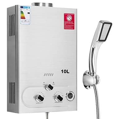 Fulgutonit Chauffe-eau à Gaz 10L Avec Douche Suralimentée,Chauffe-eau à Gaz GPL Propane Butane Adapté à La Maison,au Camping-car et à L'extérieur