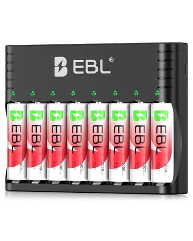EBL Chargeur de Piles Li-ION/Ni-MH, Chargeur de Piles Universel pour 1,5V Li-ION et 1,2V NiMH Piles Recgargeables, + 8PCS AA Piles Li-ION 1.5V, 1600+ Cycles de Charge