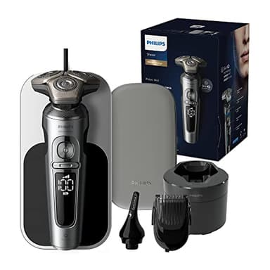 Philips Rasoir électrique Series 9000 Prestige, chrome brillant, système de rasage Lift & Cut, technologie SkinIQ, styler la barbe, tondre le nez, socle de recharge Qi, (modèle SP9885/35)