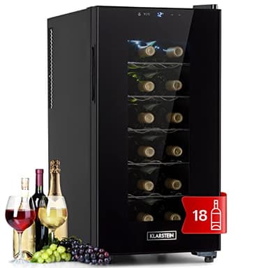 KLARSTEIN Cave a Vin Vieillissement, Réfrigérateur sur Pieds avec Porte en Verre, Prosecco, Bière, Ecran Tactile, Bar, Frigo, Protection UV, 11-18°C, 18 Bouteilles