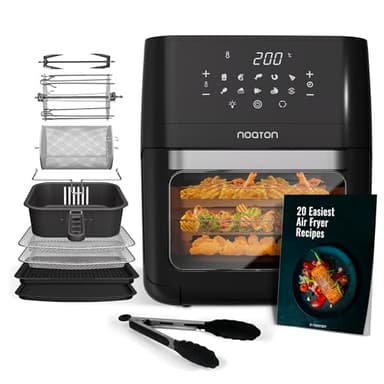 Noaton A120 Ultra Pro Friteuse à air 12L, Friteuse sans huile, Livre de recettes et pince de cuisine 26 cm inclus, 1800W, 10 programmes, écran digital, compact, pour 1-4 personnes, Noir