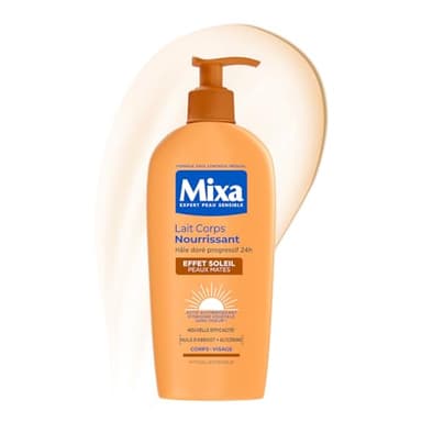 MIXA - Lait Corps Nourrissant Effet Soleil - Autobronzant Progressif & Nutrition - Beurre de Karité & Huile d’Abricot - Peaux Mates - 250ml