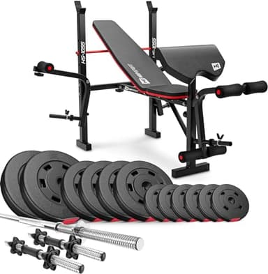 Hop-Sport Banc de Musculation Pliable Multifonction HS-1055 avec Pupitre de Curl, Papillon, Presse à jambes et Set d’haltères de 38 kg, Disques de poids en plastique alésage 31 mm et barres d'haltères