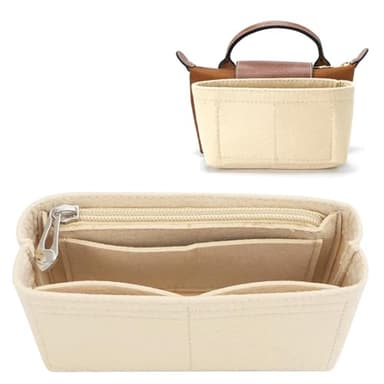 Amexo Mini Organiseur de Sac en Feutre pour Longcham, Beige - Sac à Main Petite, Fourre-tout, Poche Intérieure Léger (Fermeture éclair)
