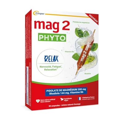 MAG 2 – Phyto Relax - Magnésium 300 mg, vitamine B6 et rhodiola - Stress et relaxant - Arôme naturel d'orange - Complément alimentaire - Programme 15 jours - 30 ampoules