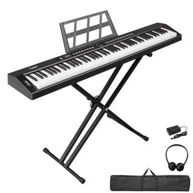 Bonnlo Piano Numérique 88 Touches, Clavier Semi-Lesteé avec Double Bluetooth, Casque, Support, pour les Amateurs de Musique et les Débutants (Noir, Piano + Support)